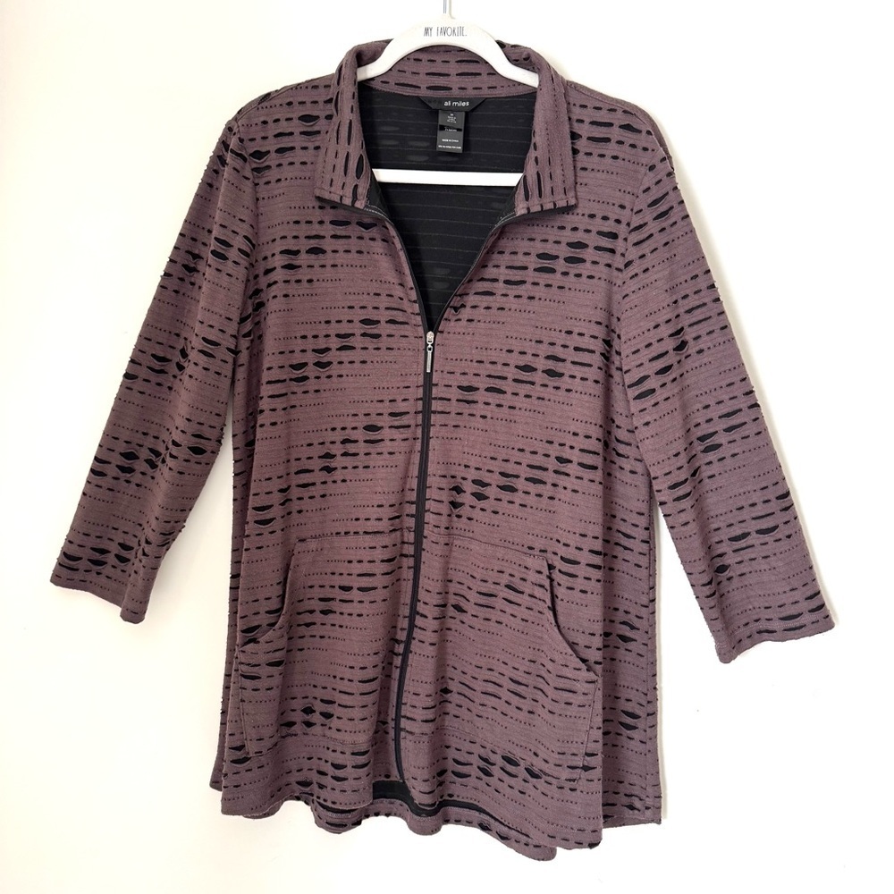 Ali Miles Black and Brown Diagonal pattern Full Zip Tunic Top